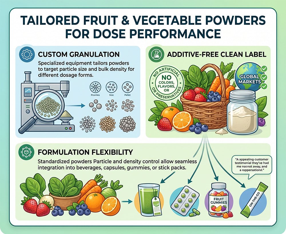 Tailored fruit and vegetable powders for dose performance