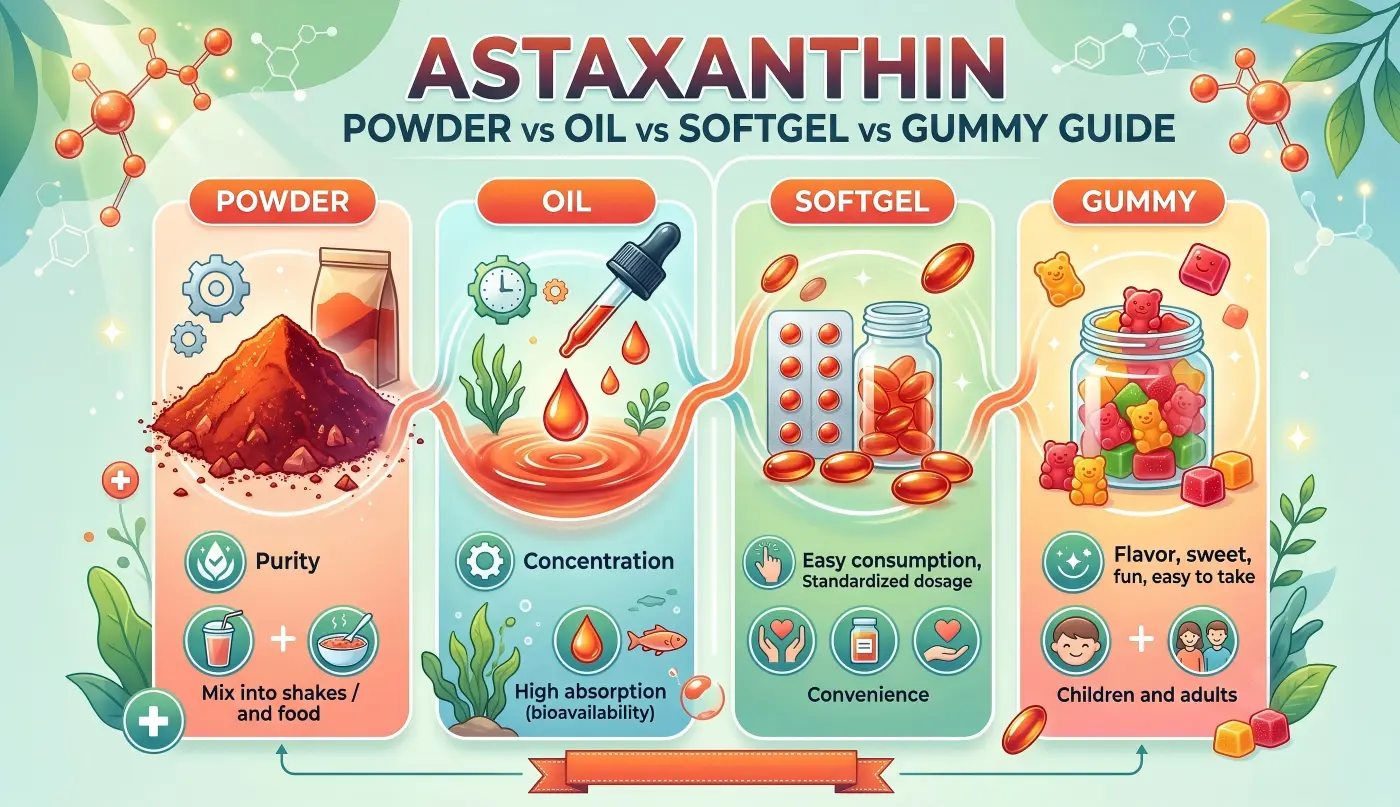 Astaxanthin Powder Oil Softgels Capsules or Gummies