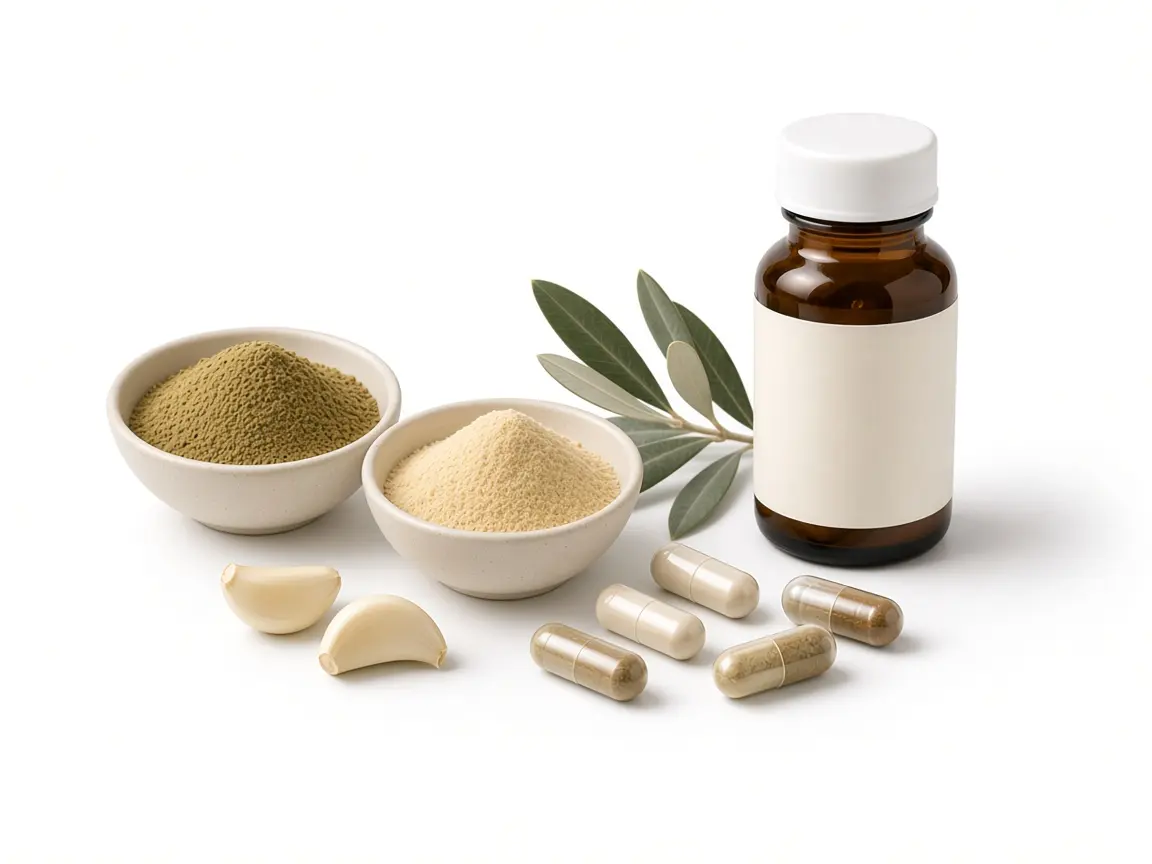 05-olive-leaf-extract-and-dry-garlic-beside-hard-capsules